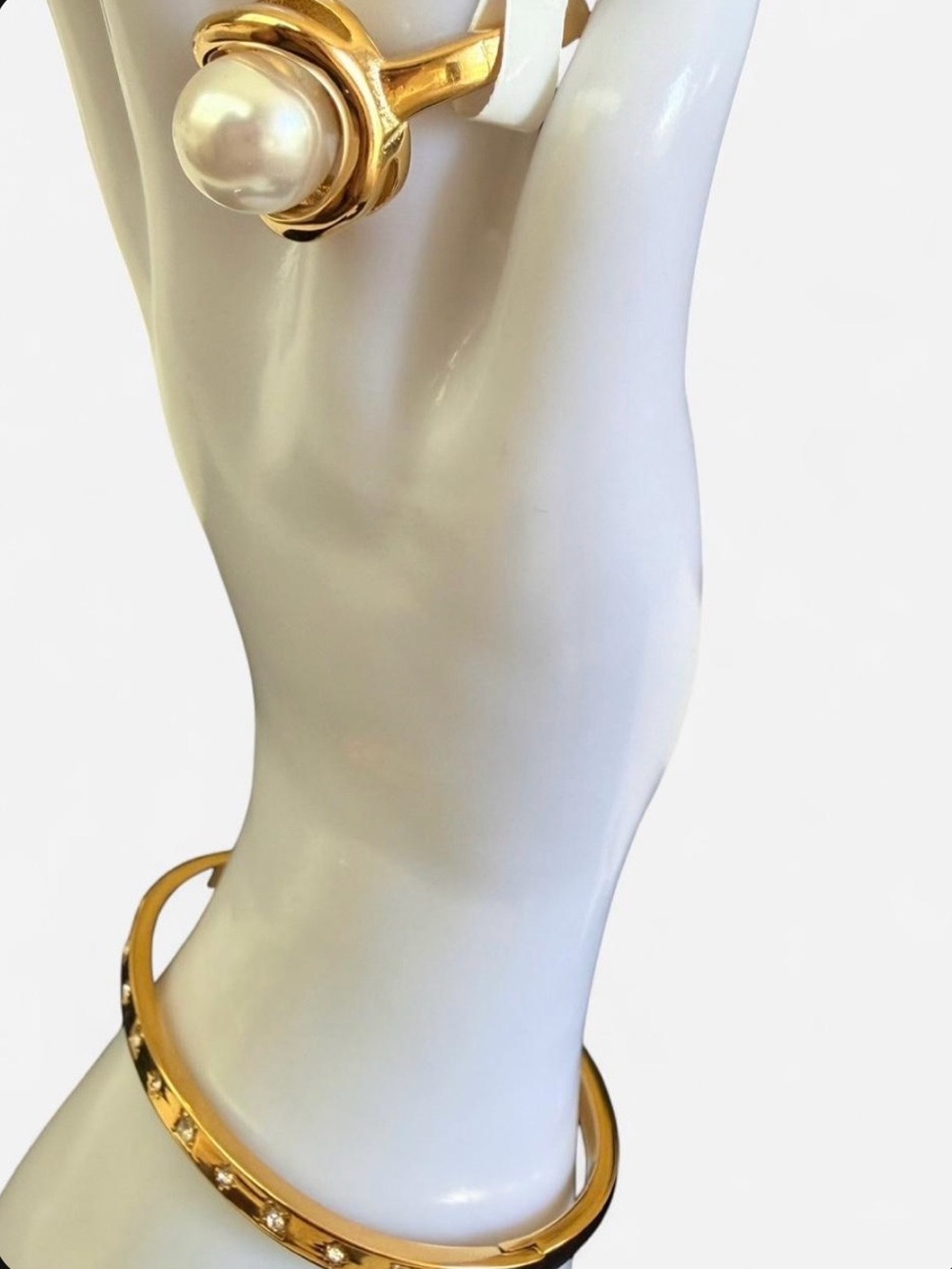 Gold Pearl Statement Ring with Gold Pavé Bangle